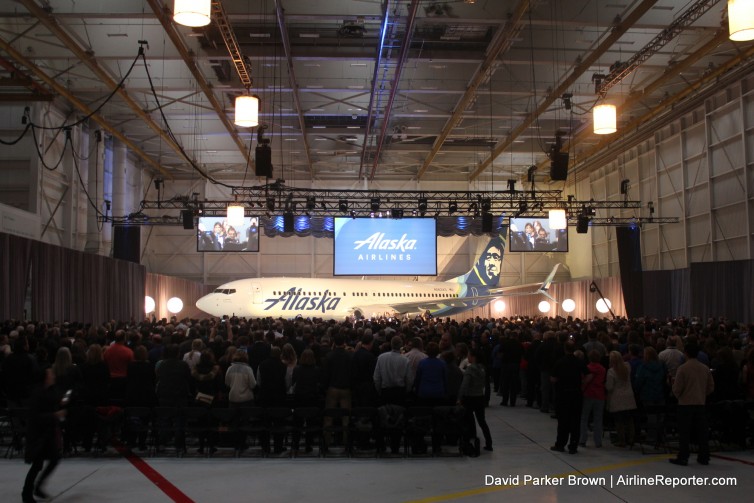 Alaska employees cheer on the new livery