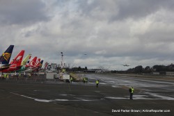 737 flight line as the MAX and chase plane get close