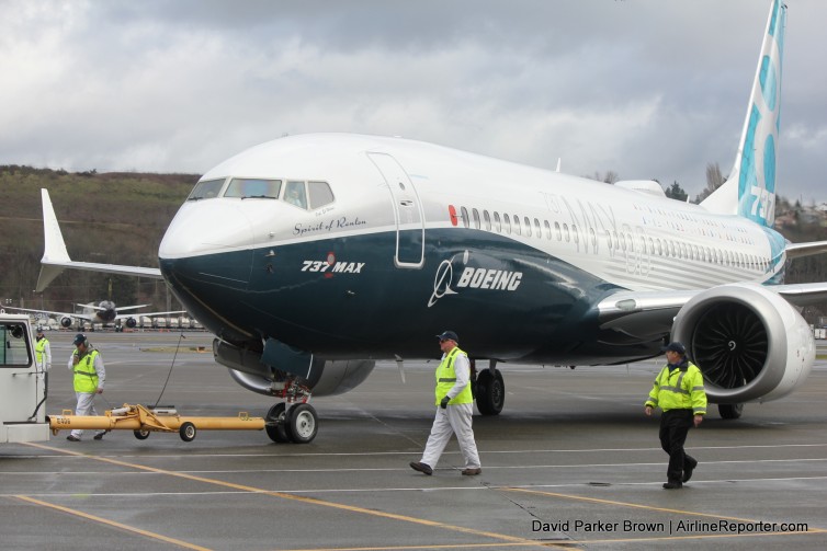 The first Boeing 737 MAX after landing at Boeing Field