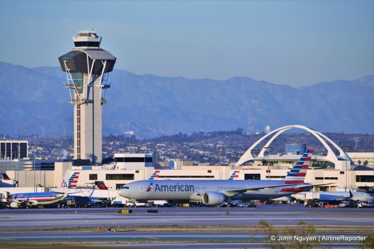 An American 777-300ER taxis at LAX.