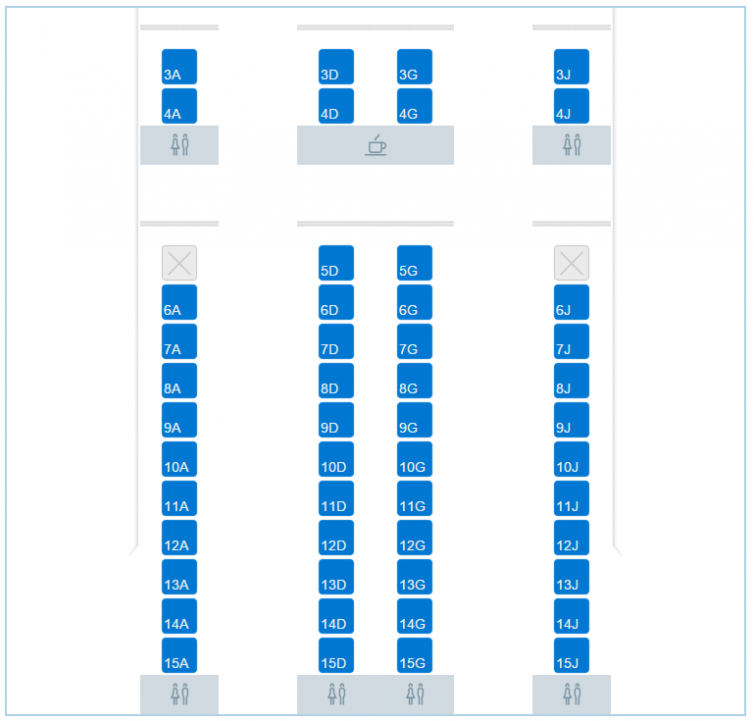 A screenshot of the business class seat map on American Flight 73 for December 23. The blue seats are unoccupied. Image: American Airlines | aa.com