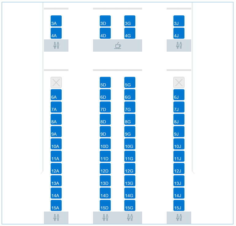 A screenshot of the business class seat map on American Flight 73 for December 23. The blue seats are unoccupied. Image American Airlines aa AirlineReporter