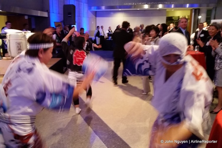 Japanese performers entertain the crowd at American's LAX-HND launch party.