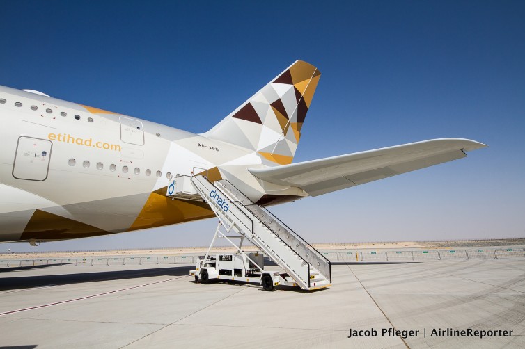 The tail of the Etihad A380