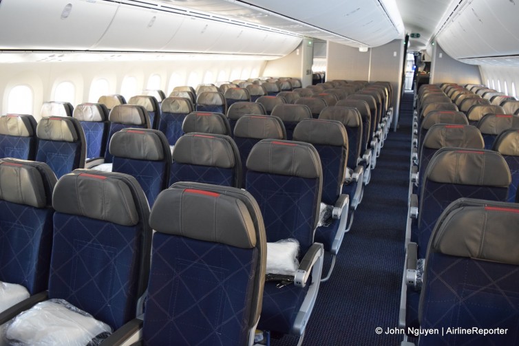 The economy cabin onboard American's Boeing 787-8