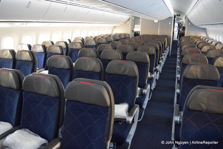 The economy cabin onboard American's Boeing 787-8.