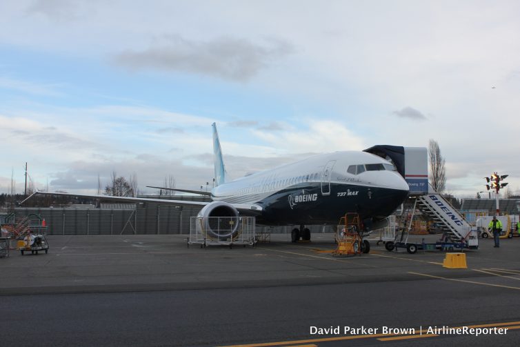 The first 737MAX sits on the flight line in Renton