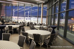 Breakfast in the Seattle Delivery Center, with the 787-9 in the background