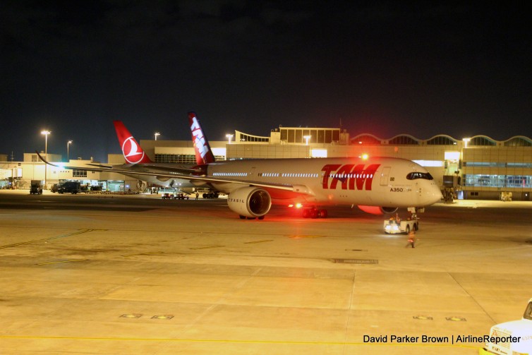 Our TAM A350 being towed to the gate in Miami