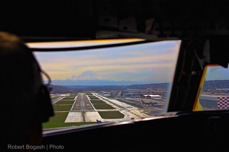 View from the flight deck, landing at Boeing Field - Photo: Bob Bogash