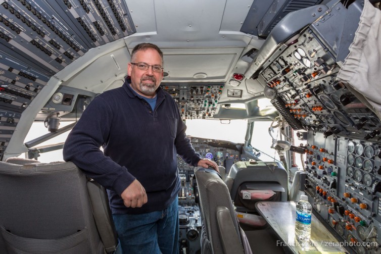 NAHM Executive Director John Roper in the cockpit of the B727 his museum recently acquired from Seattle's Museum of Flight.