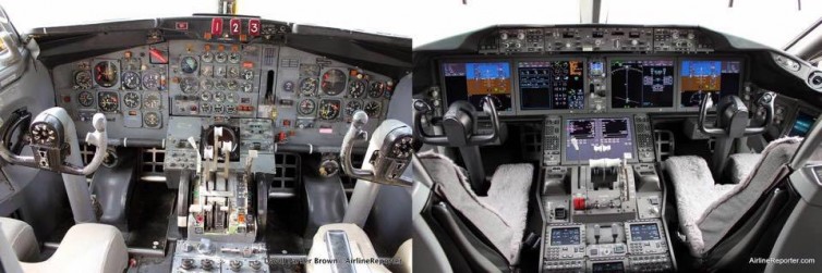 The flight deck of the Boeing 727 vs the 787. Quite a bit has changed, but the mission remains the same.