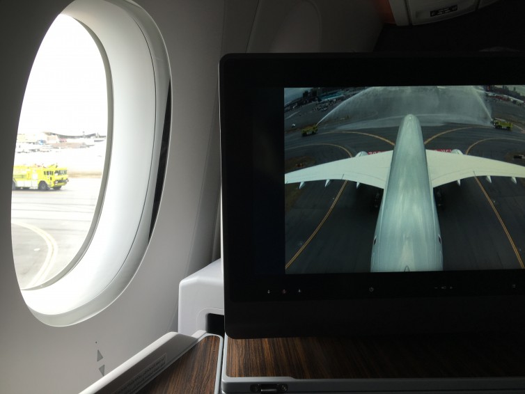 A great dual-view of the water cannon salute welcome of the A350 at Boston - Photo: Blaine Nickeson | AirlineReporter