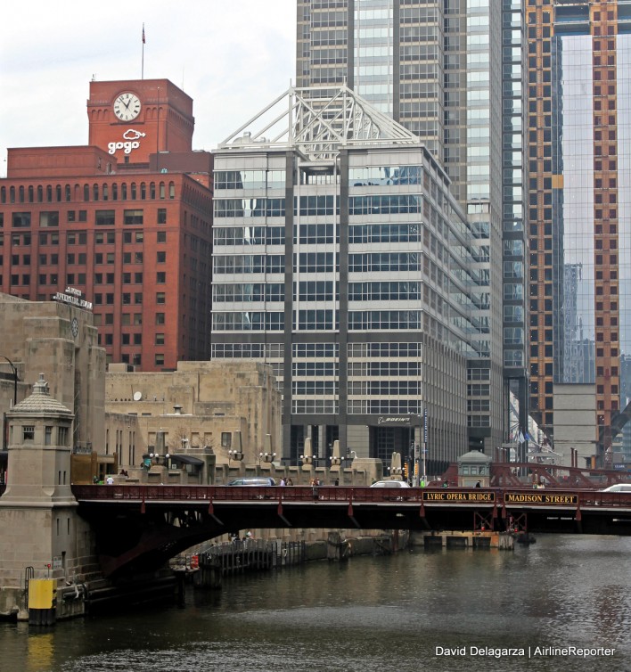 The GoGo Building is now part of the Chicago skyline seen from across the Chicago River. Photo- David DeLaGarza | AirlineReporter