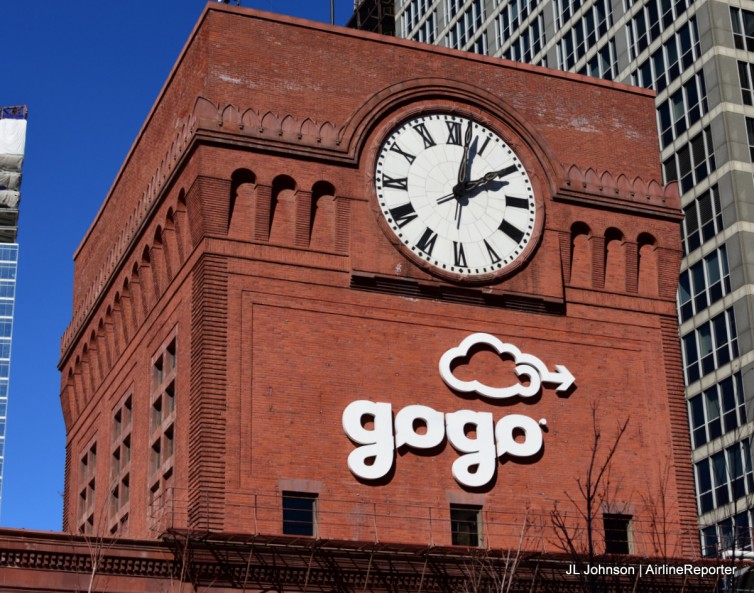 The Gogo Building's branding seen from the rooftop common area. 