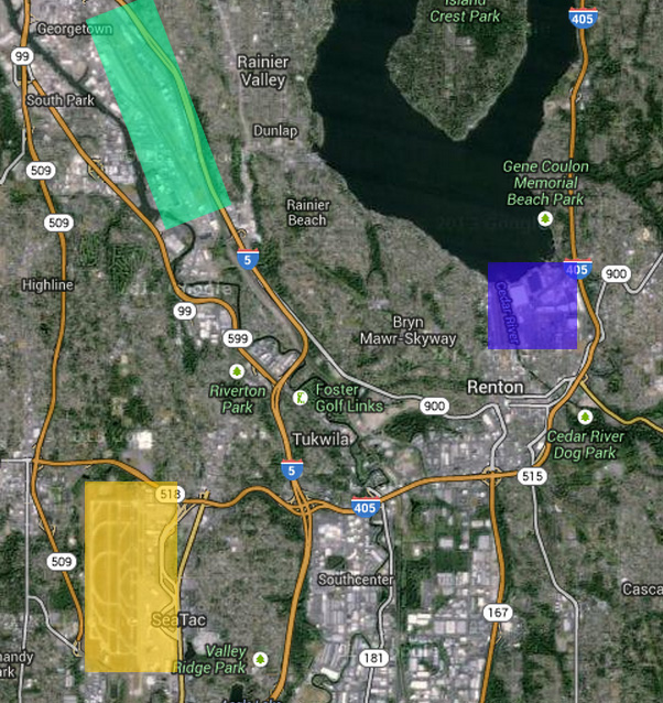 Three airports, all close together in south Seattle - Photo: GoogleMaps