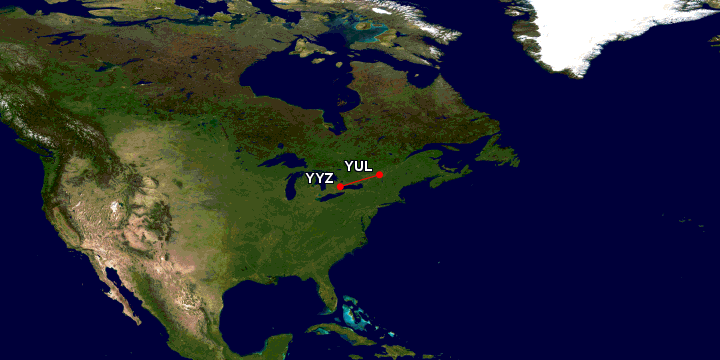 The flight from YYZ to YUL is quite short - Image: GCMap.com