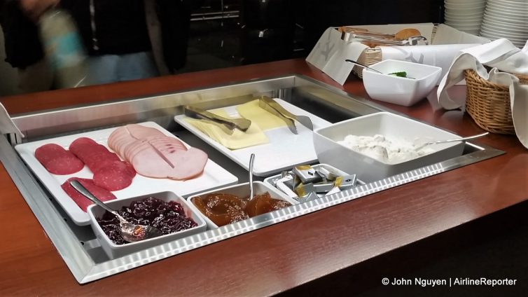 Breakfast offerings at the Hamburg Airport Lounge.