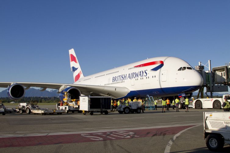 The first scheduled A380 at YVR is towed to the gate on a beautiful Vancouver evening. Photo: Leighton Matthews | Pacific Air Photo