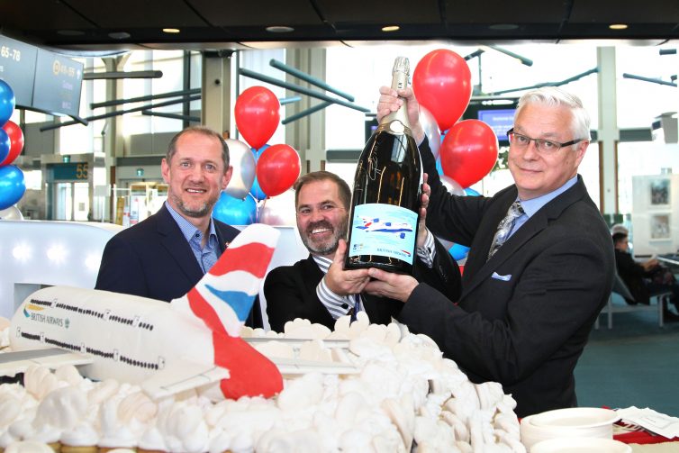 Rupert Potter, British Consul General Vancouver, Robert Antoniuk, VP, British Airways &amp; Craig Richmond, CEO YVR, celebrate the A380.<br /> Photo: Leighton Matthews | Pacific Air Photo