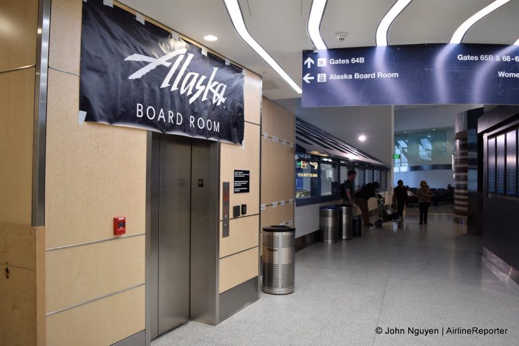 Entrance to the Alaska Board Room (soon to be renamed the Alaska Lounge) inside LAX Terminal 6; temporary sign due to construction work in the terminal.