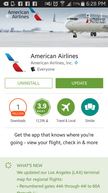 Screenshot of the AA app update for Android on Google Play.