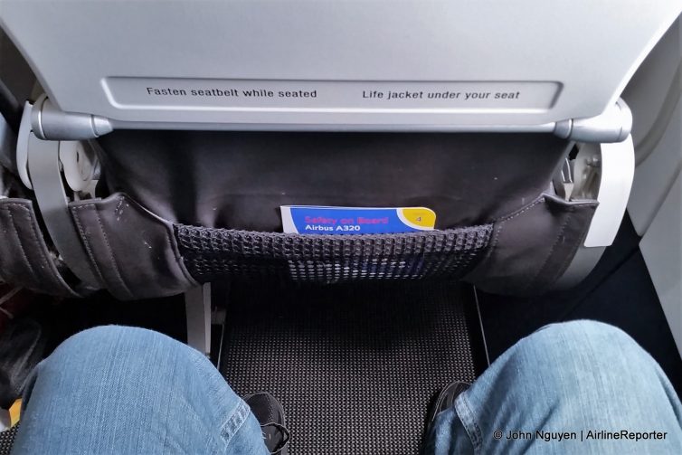Legroom on board a British Airways Airbus A320 in economy with mysteriously more than the listed 30" pitch slimline seats.
