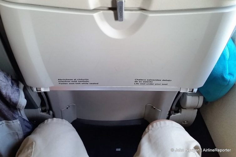 Legroom on board an Iberia Airbus A320 in economy with 28" pitch slimline seats.