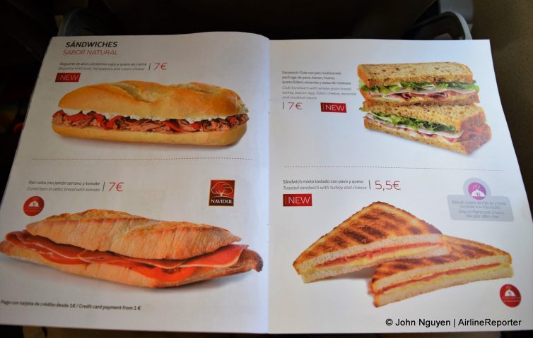 Economy buy-on-board menu card on Iberia from London Heathrow to Madrid.