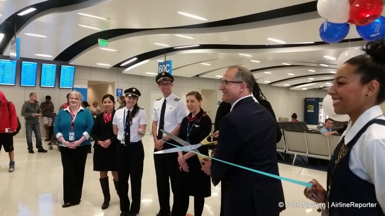 Jim Moses, Managing Director for American's LAX station, with flight crew and ground staff at the inaugural flight to SEA on June 2.