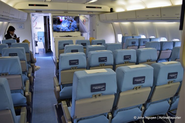 The passenger cabin/interactive classroom inside Orbis's MD-10 Flying Eye Hospital.
