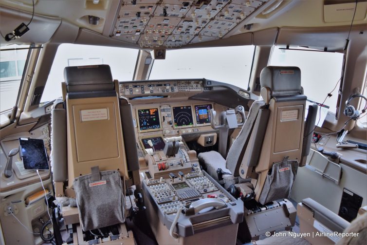 The flight deck of a Swiss 777-300ER.