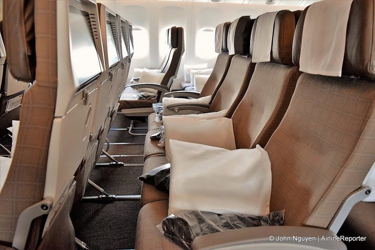 A typical row of economy seats on Swiss's 777-300ER.