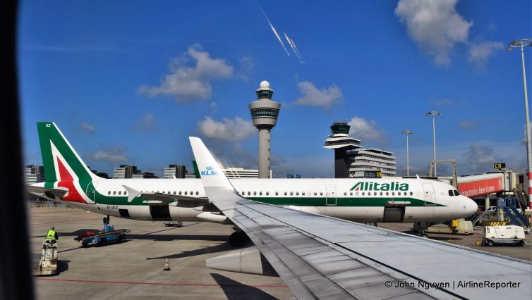 Alitalia Airbus A321 (EI-IXZ) off the wing of our KLM 737 at Amsterdam Airport Schiphol