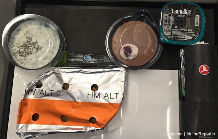 The first meal served in Turkish Airlines economy.