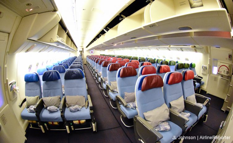 Turkish Airlines economy cabin in a 777-300 ER.