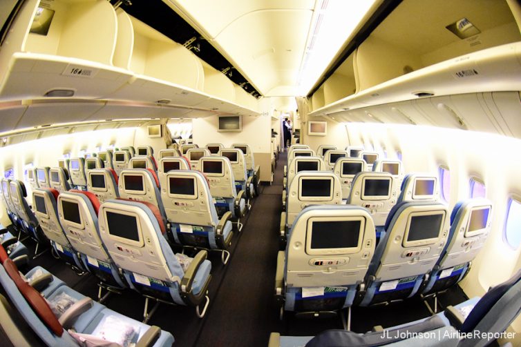 Turkish Airlines economy cabin, from behind.