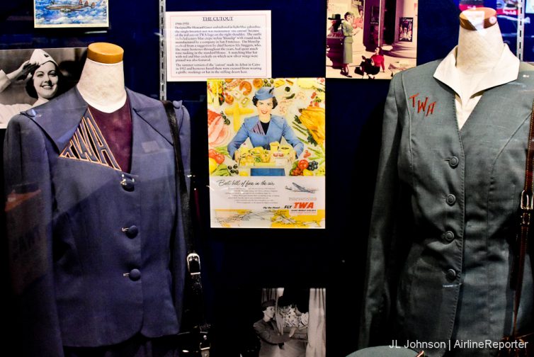 Early TWA flight attendant uniforms including the famous "cut out" version.