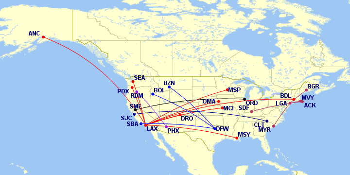 A map of American's new flights commencing June 2-4, 2016. Image: Great Circle Mapper | gcmap.com