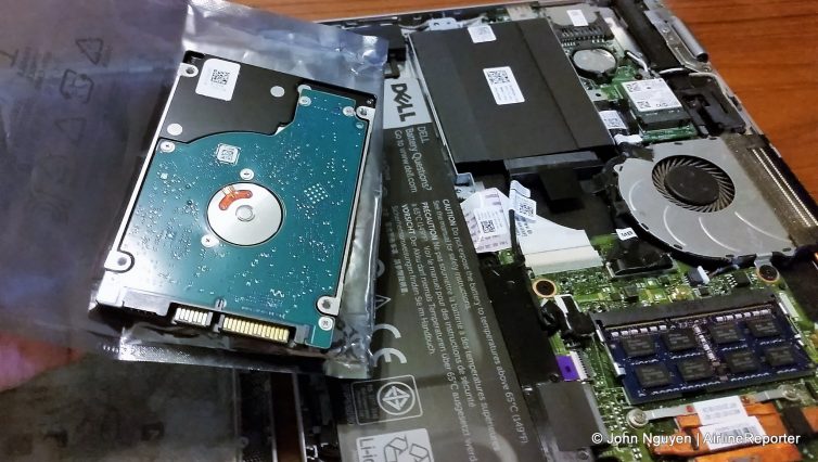 The inner workings of my laptop, with the failed hard drive removed