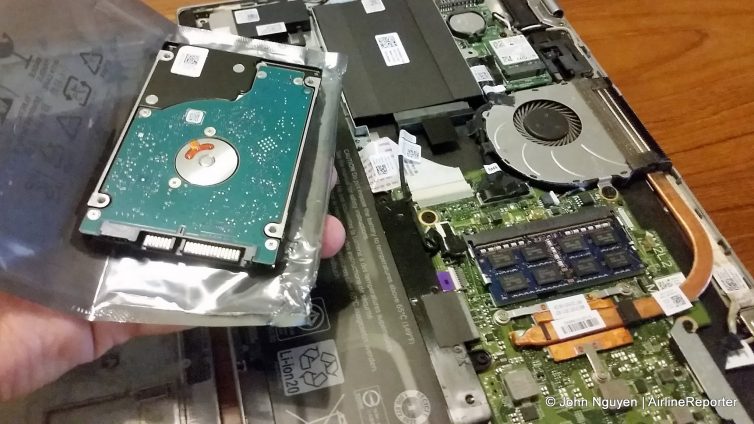 The inner workings of my laptop, with the failed hard drive removed.