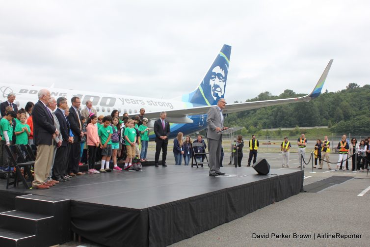 VIPs on the plane. Washington State Govenor Jay Inslee speaks to the crowd.