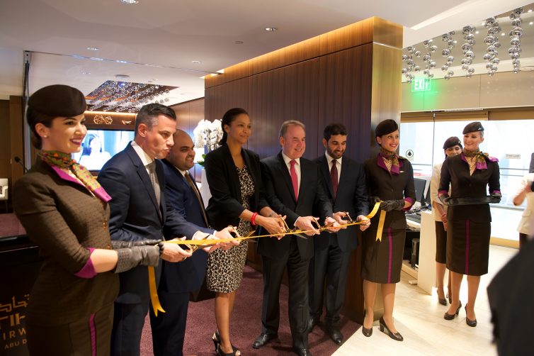 James Hogan, in presence of the CEO of LAWA and other Etihad executives opening the LAX lounge - Photo: Bernie Leighton | AirlineReporter