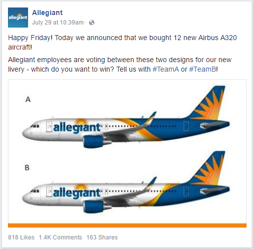 Allegiant announces A320 purchase and new livery candidates. - Image: Allegiant's Facebook