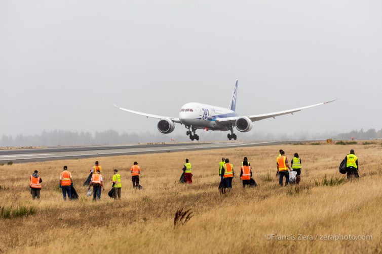 An ANA 787-8 glides in for a landing at Sea-Tac Airport during the 2016 FOD walk.