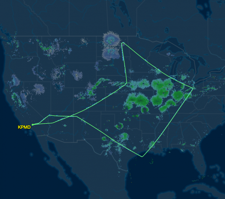 Flightaware does a better job of showing our total track. 18 states in under ten hours! Image: Flightaware