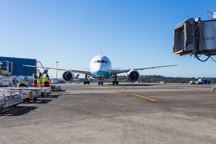 A Xiamen 787-8 rolls up to the gate, kicking off service to the U.S.