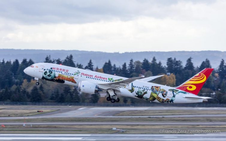 Hainan's 787-9 departs from Sea-Tac on the return flight to Beijing