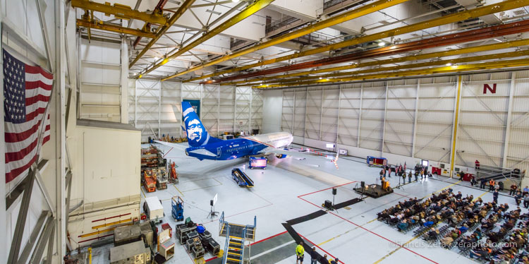 The event was held inside Alaska's huge maintenance hangar at Seattle-Tacoma International Airport