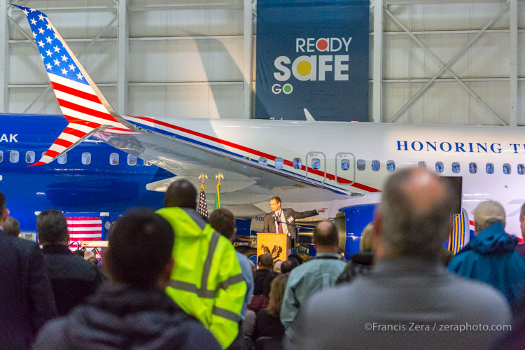 Alaska Airlines CEO Brad Tilden addresses the crowd